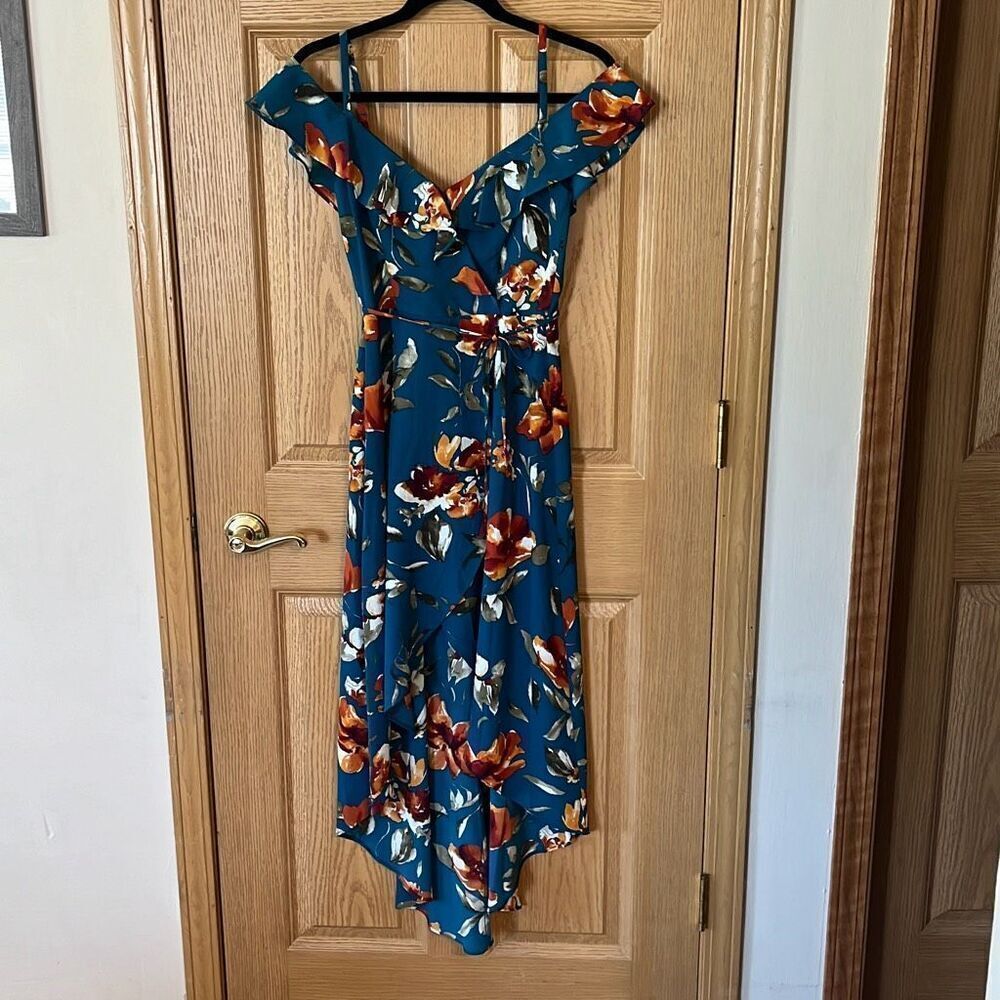 By & By Deep‎ Teal Cold Shoulder Hi-Lo Floral Dress XS